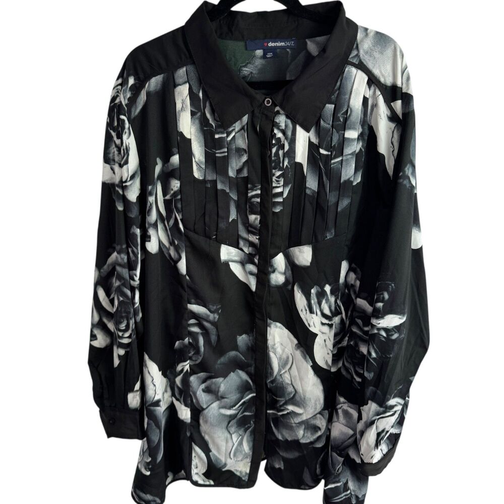 Denim 24/7 Women's Blouse Tunic Top Size 26W 3X Black/White Floral Print